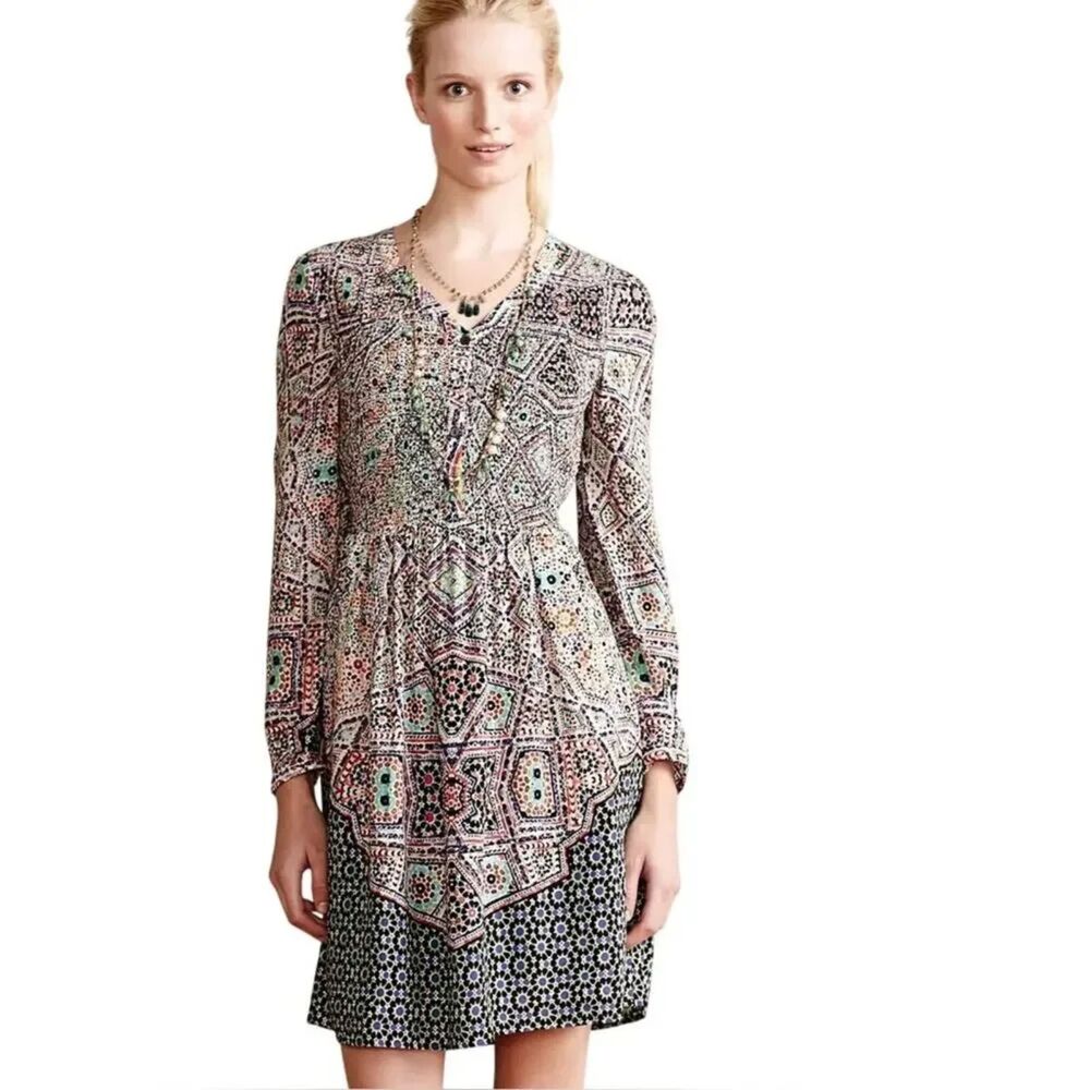 Anthropologie Maeve Tiled Amethyst Long Sleeve Smocked Dress Sz Large Multicolor